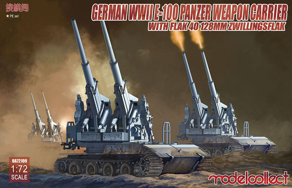 12.8 cm Flakzwilling 40 With E-100 Auf E Waffentrager (Weapon Carrier) Germany 1:72 Scale Model Kit By Modelcollect