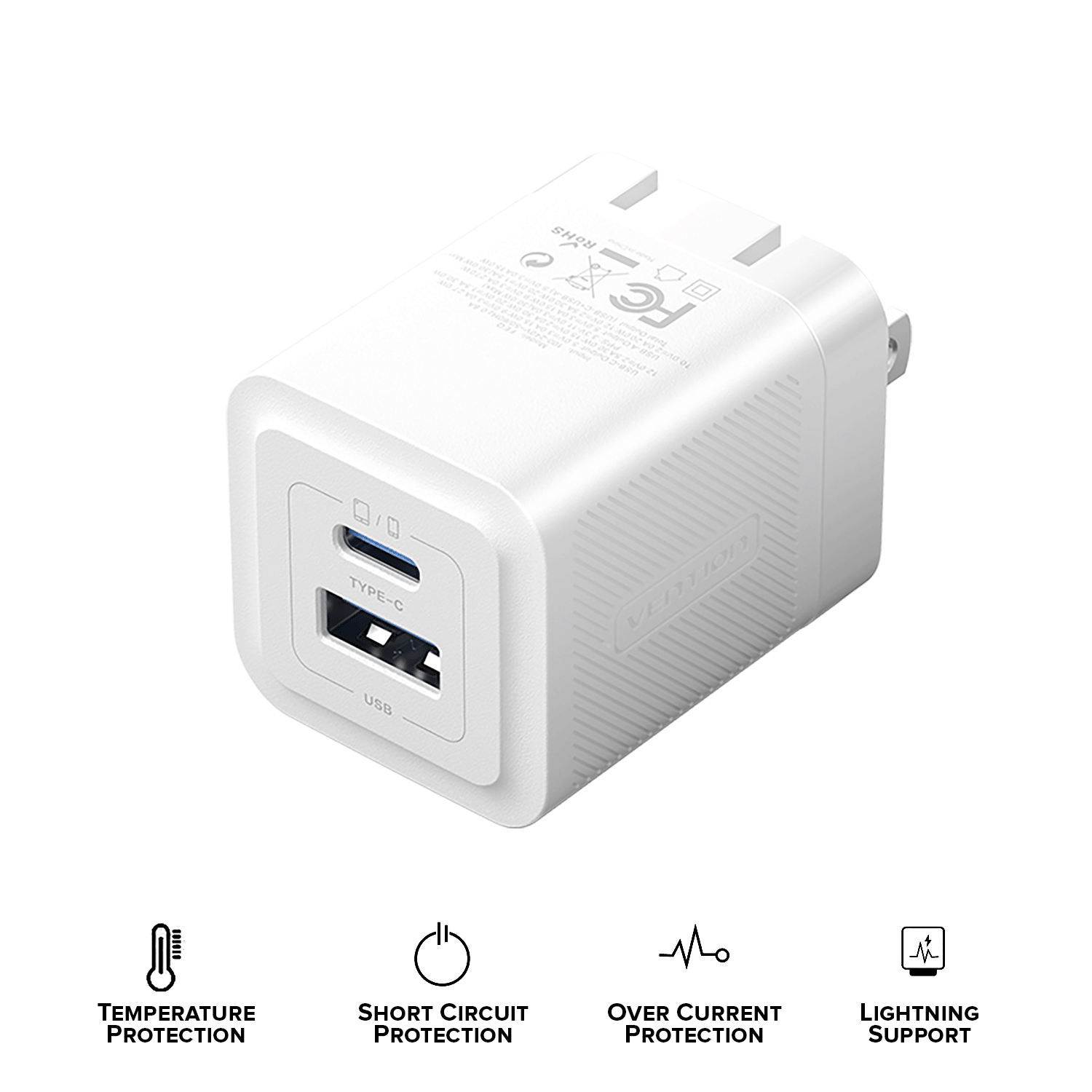 VENTION 2-port USB (C+A) GaN Charger (30W/30W) US-Plug (White) [FEQW0]
