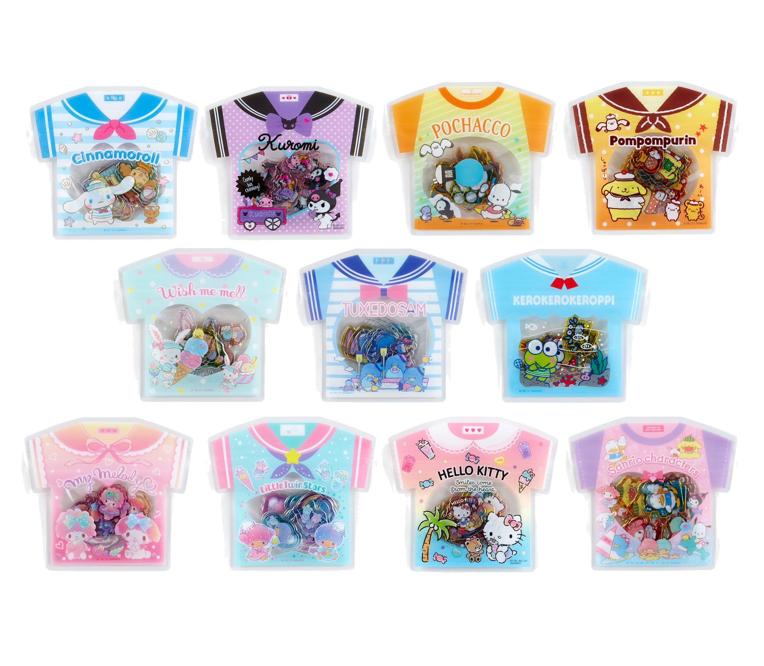 Japan Sanrio Characters Mix / Hello Kitty / My Melody / Little Twin Stars / Pompompurin / Cinnamoroll / Kuromi / Pochacco / Wish Me Mell / Kuromi / Tuxedo Sam / Keroppi Sticker Seal Pack (T-Shirt) 2021