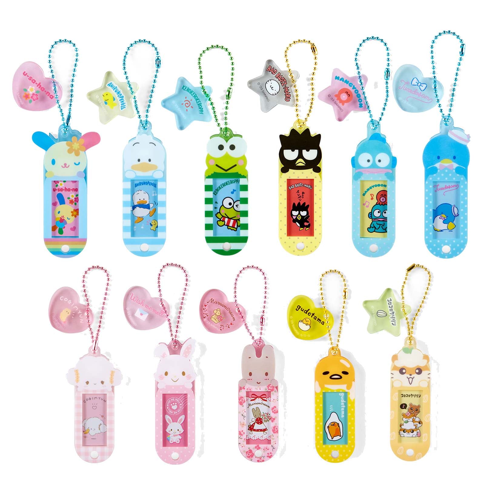 Japan Sanrio Usahana / Pekkle / Keroppi / Bad Badtz Maru / Hangyodon / Tuxedo Sam / Cogimyun / Wish Me Mell / Marron Cream / Gudetama / Coro Coro Kuririn Name Tag Keychain