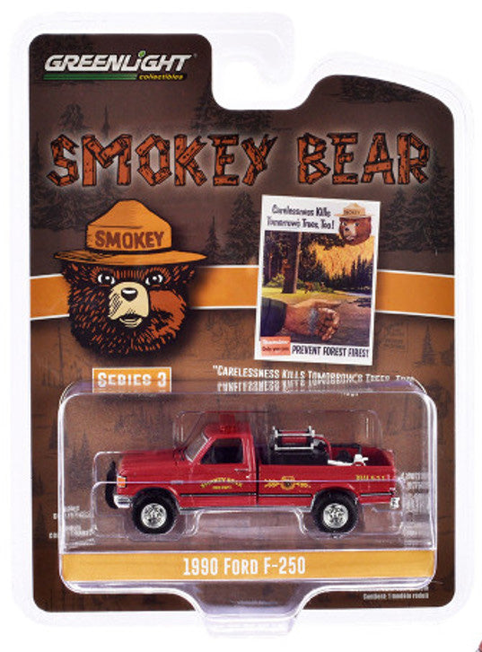 Greenlight Collectibles Smokey Bear Series 3 – 1990 Ford F-250 with Fire Equipment “Carelessness Kills Tomorrow's Trees, Too! Prevent Forest Fires!” 1/64 Scale Diecast Model