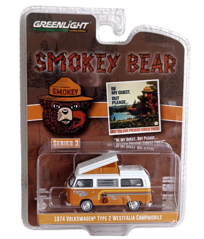 Greenlight 1:64 Smokey Bear Series 3 – 1974 Volkswagen Type 2 T2 Westfalia Campmobile “Be My Guest, But Please…Only You Can Prevent Forest Fires!”