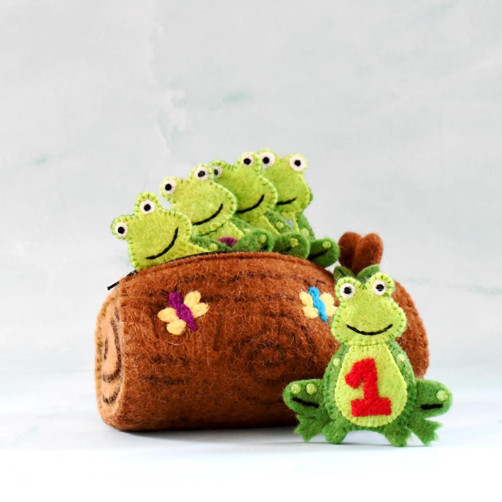 Pre-Order 5 Little Speckled Frogs with Log Bag, Finger Puppet Set (Ships in early September)