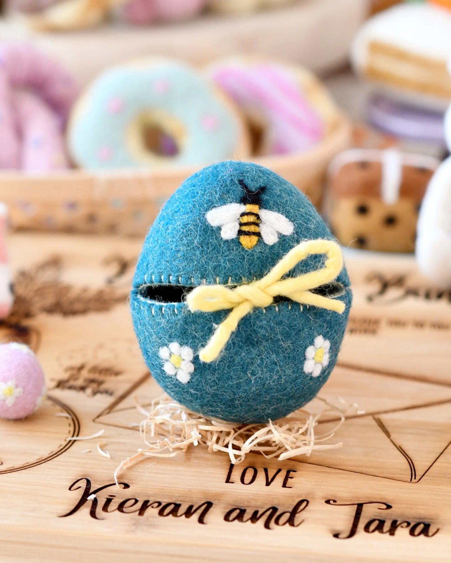 Sale Felt Egg Cover, Blue with Bee Motif