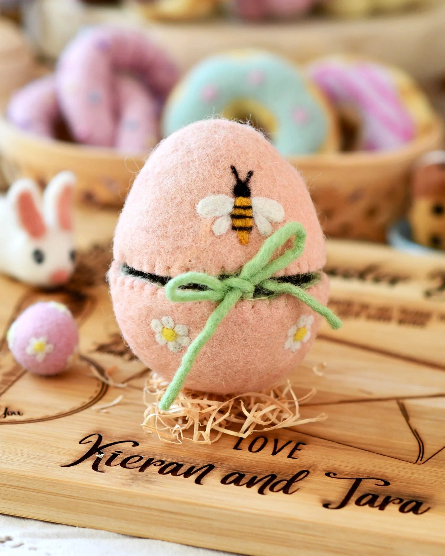 Sale Felt Egg Cover, Peach with Bee Motif