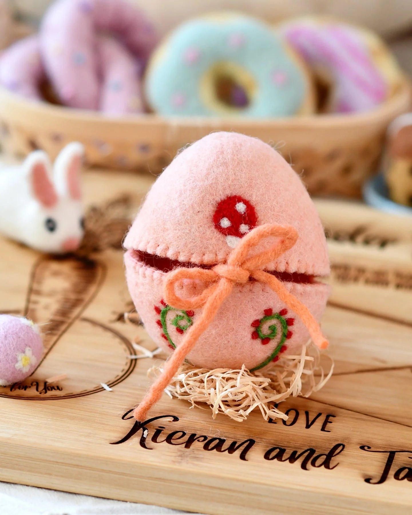 Sale Felt Egg Cover, Peach with Mushroom Motif