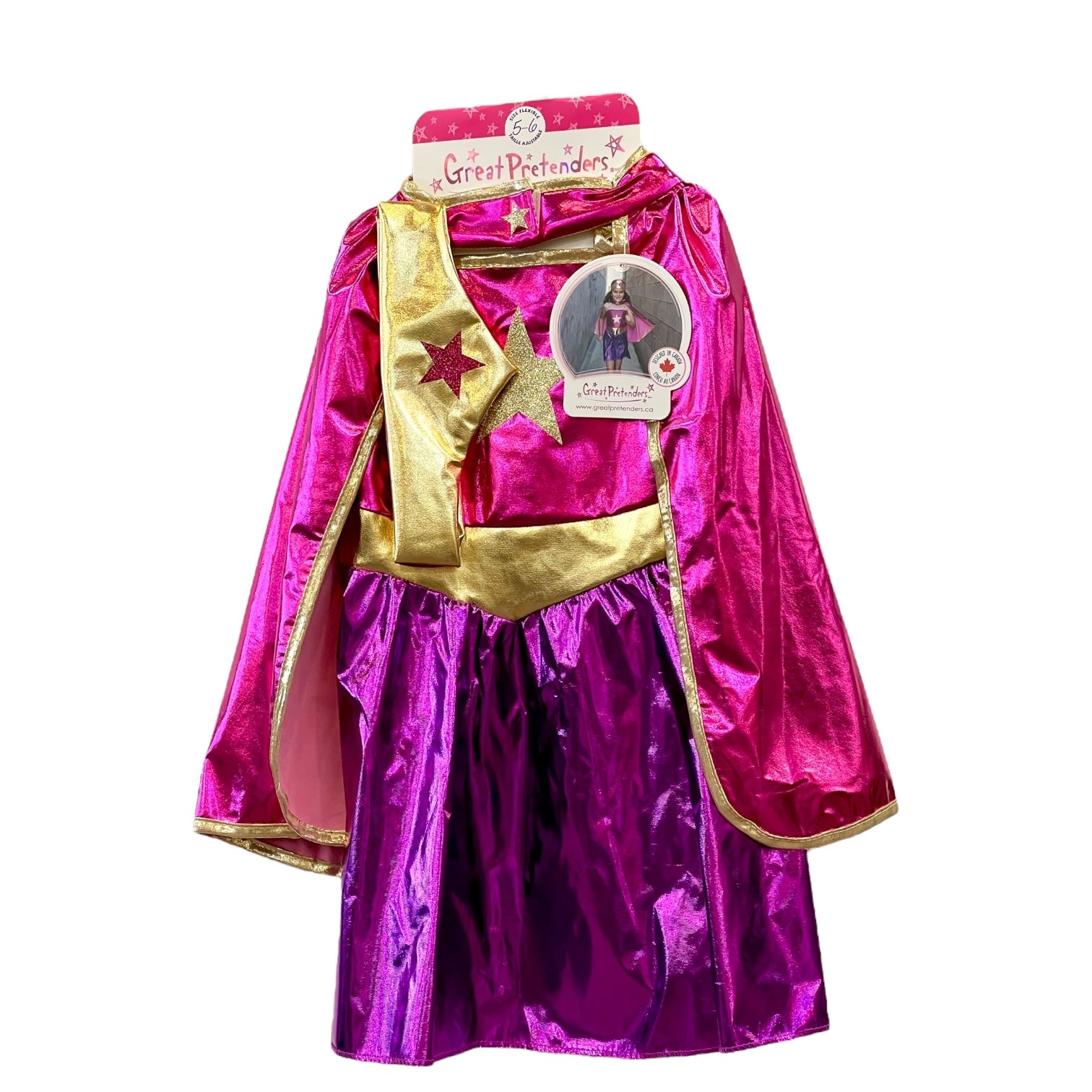 Superhero Star Dress, Cape & Headpiece, Magenta/Purple, Size 5-6