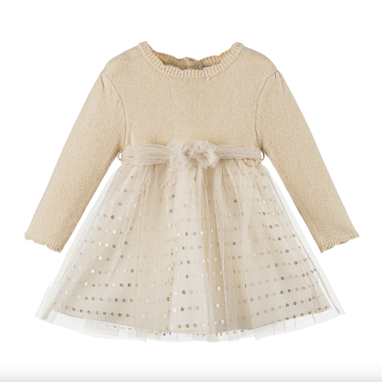 Mesh Overlay Sweater Dress - Gold