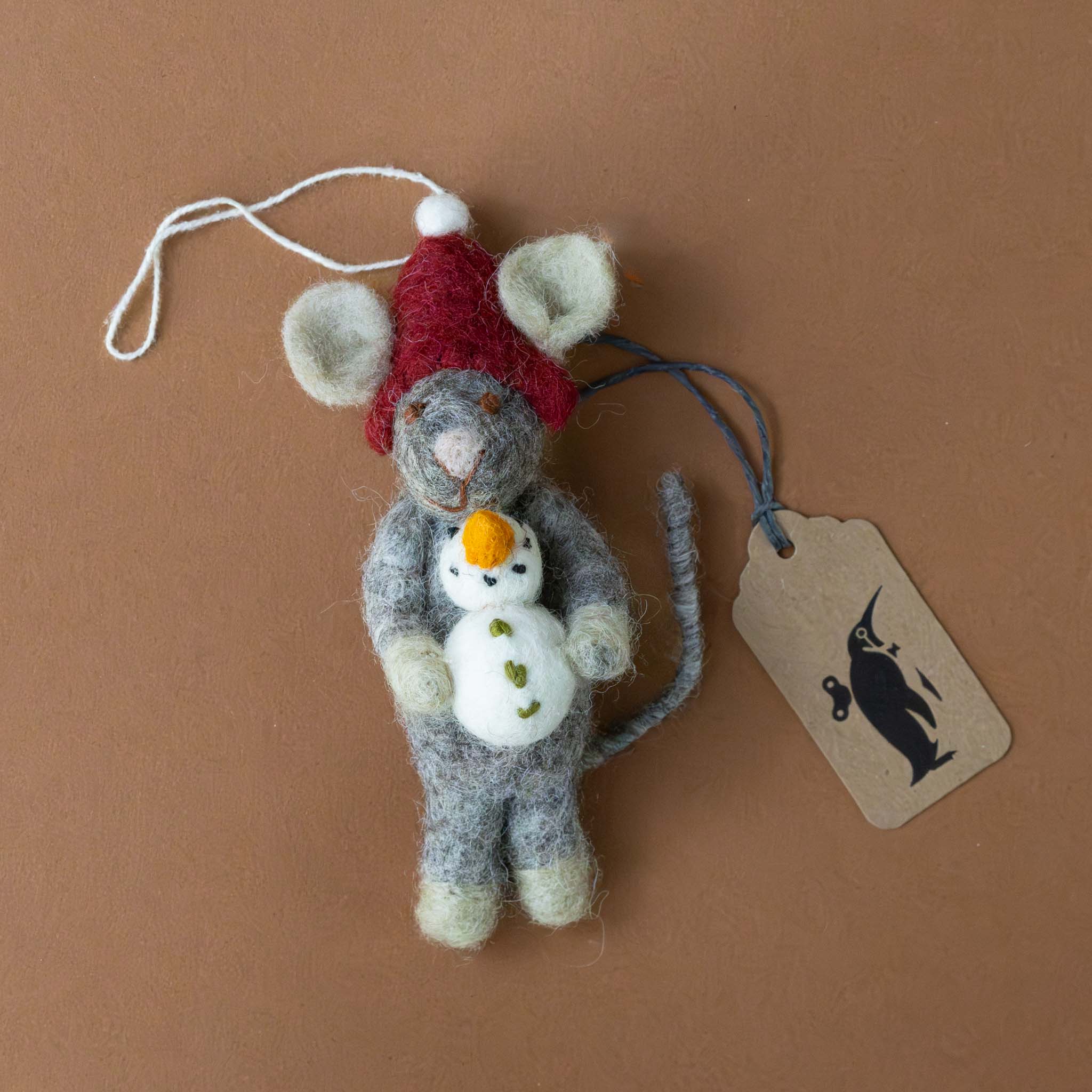 Felted Grey Mouse Ornament | Red Hat with Snowman