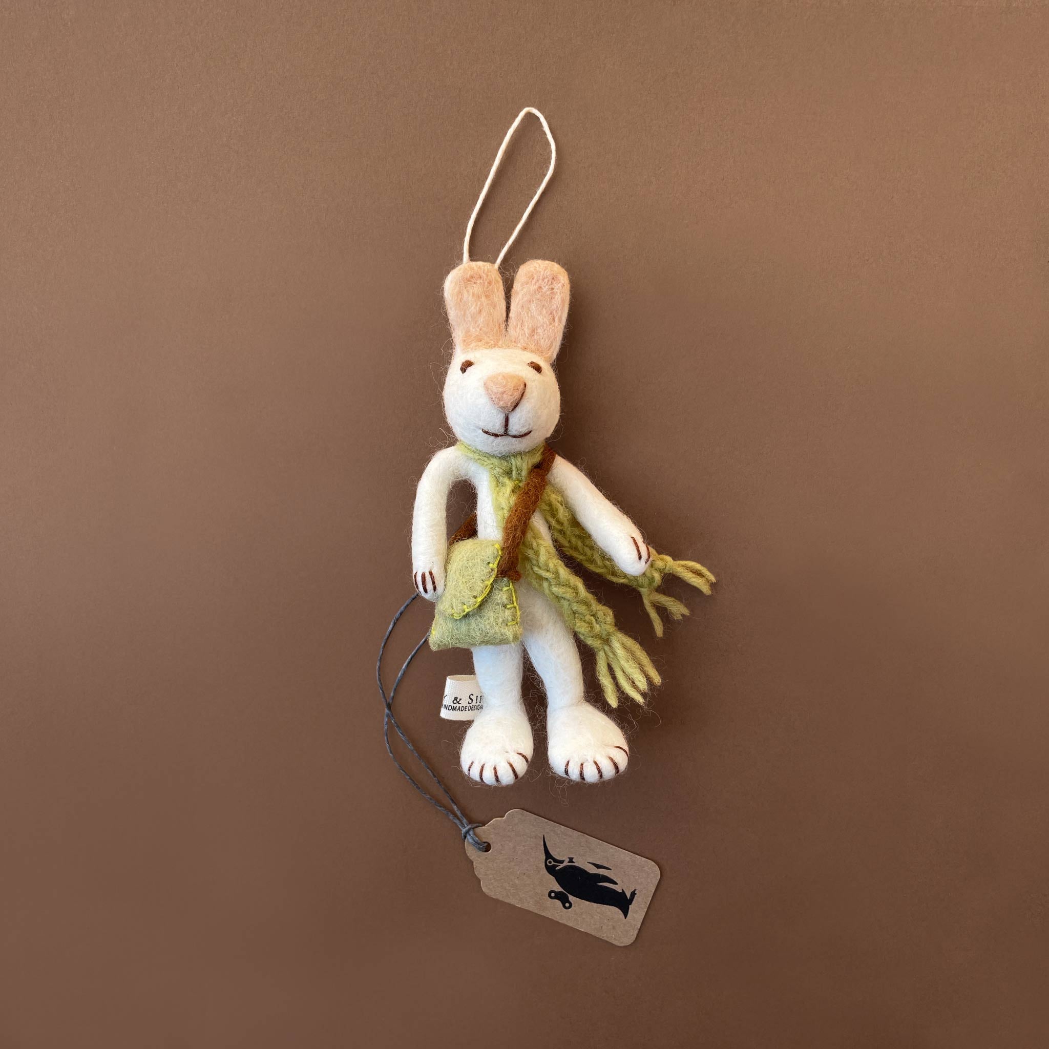 Felted White Rabbit Ornament | Green Scarf & Bag