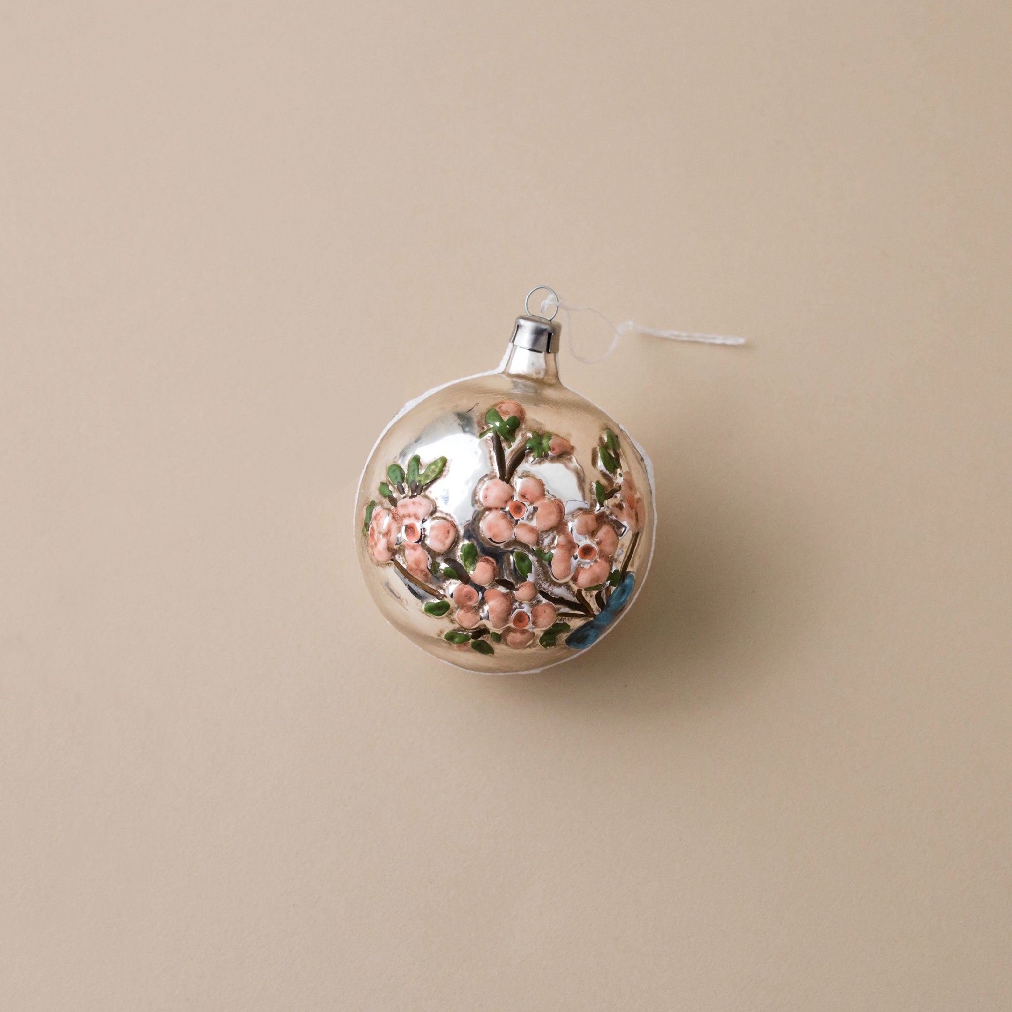 German Glass Ornament | Ball with Glitter Flower Branch