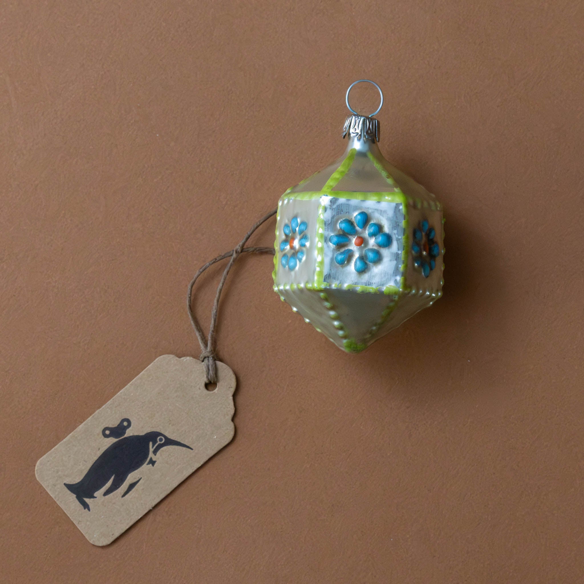 German Glass Ornament | Hexagon with Blue Flower