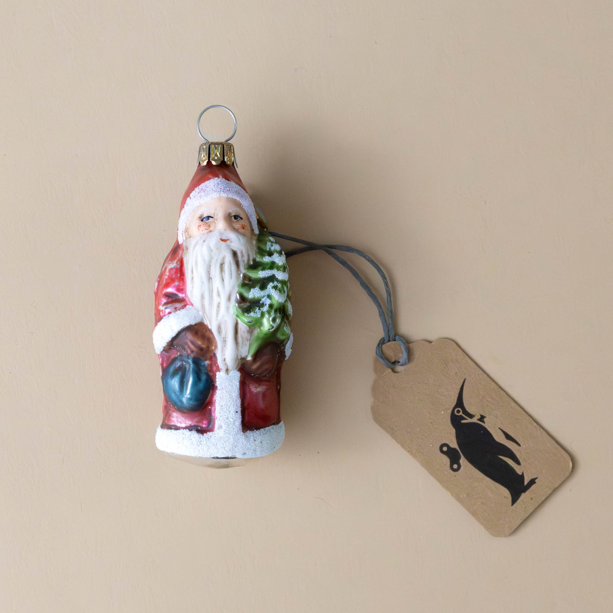 German Glass Ornament | Santa with Backpack & Tree