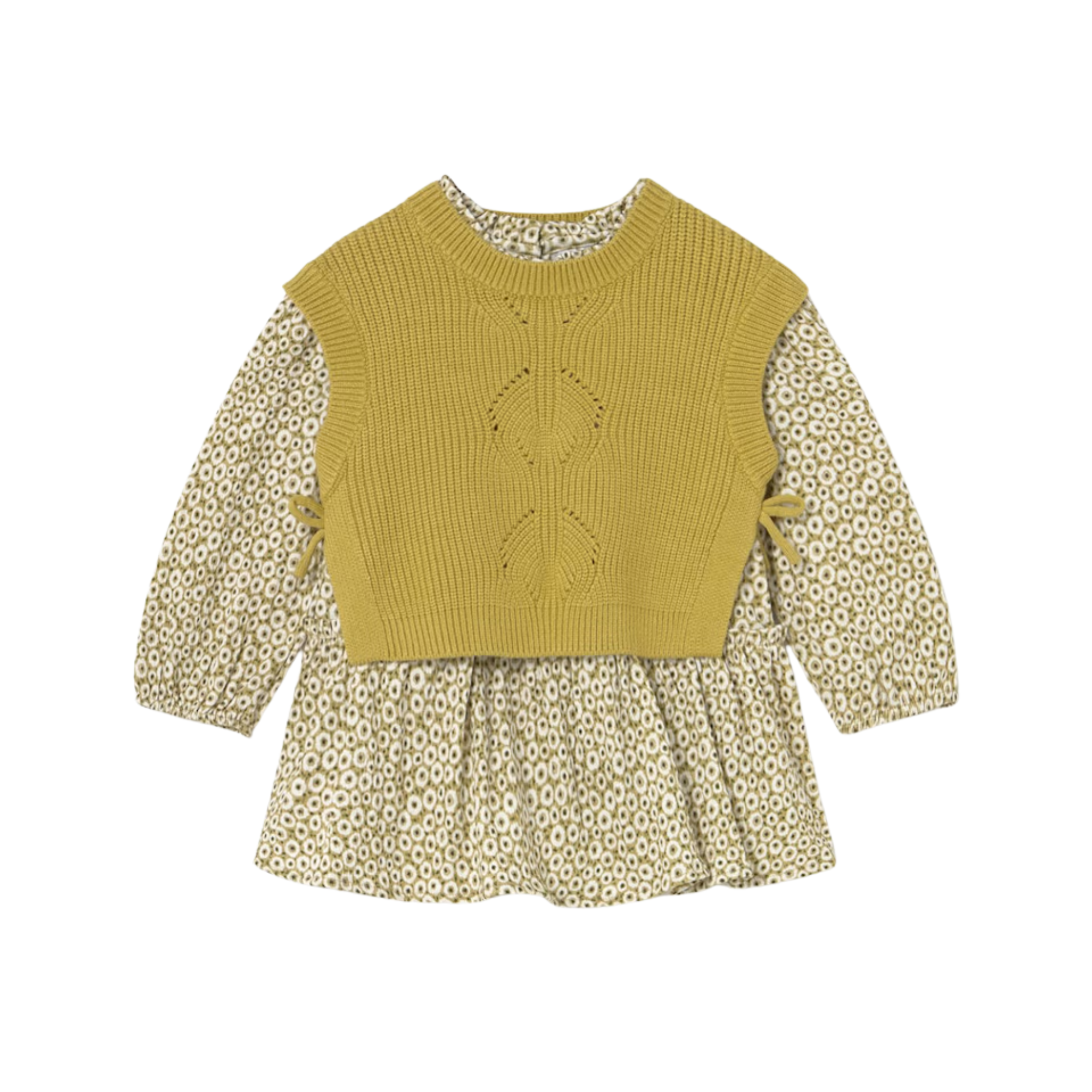Floral Dress with Faux Knit Vest - Light Olive