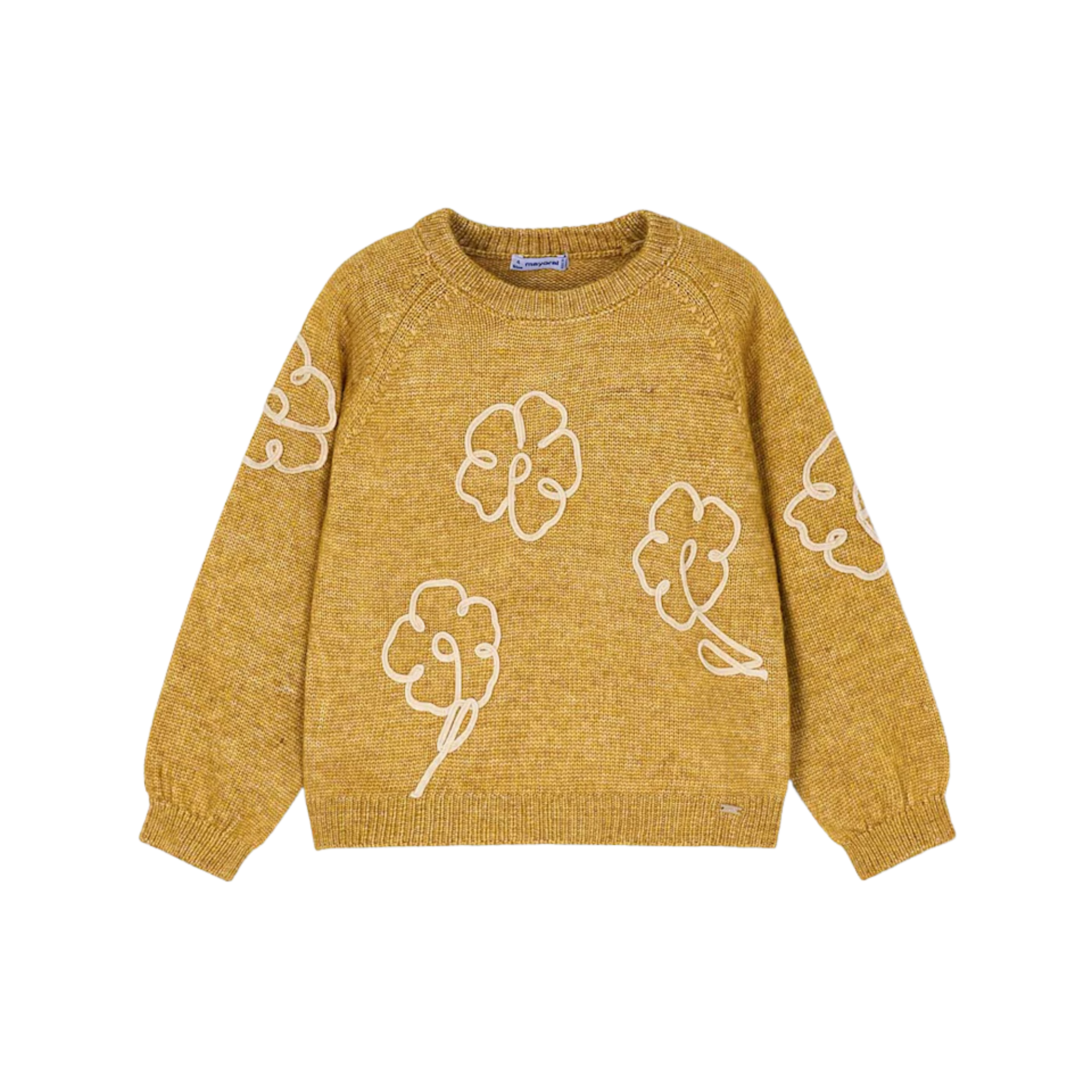 Flowers Applique Knit Sweater - Mustard