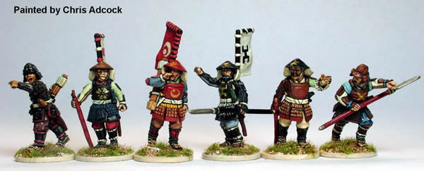 Samurai (1550 – 1615) Ashigaru Command Advancing, 28 mm Scale Model Metal Figures