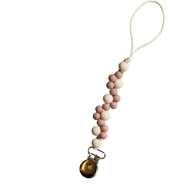 Three Hearts Modern Teething Accessories Petite Piper Pacifier And Toy Clip In Adobe Rose