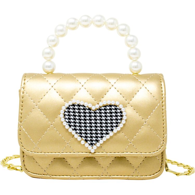 Quilted Pearl Handle Heart Bag - Gold
